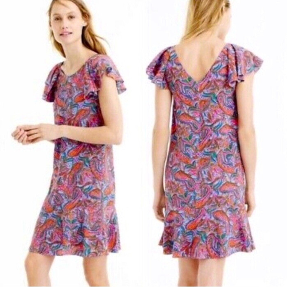 J. Crew 100% Silk Paisley Print Flutter Sleeve Ruffle Dress Size 8 Medium M